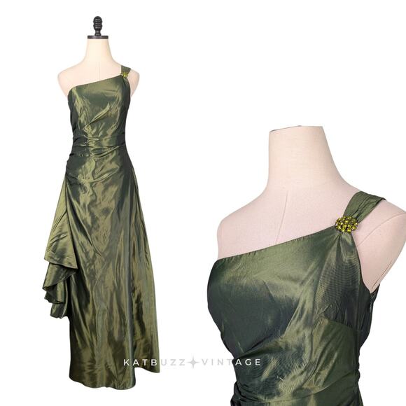 Vintage Rubin Prom Dress Maxi Gown 2 Green Ruffle Y2K Fairy Glam One Shoulder - Picture 1 of 14